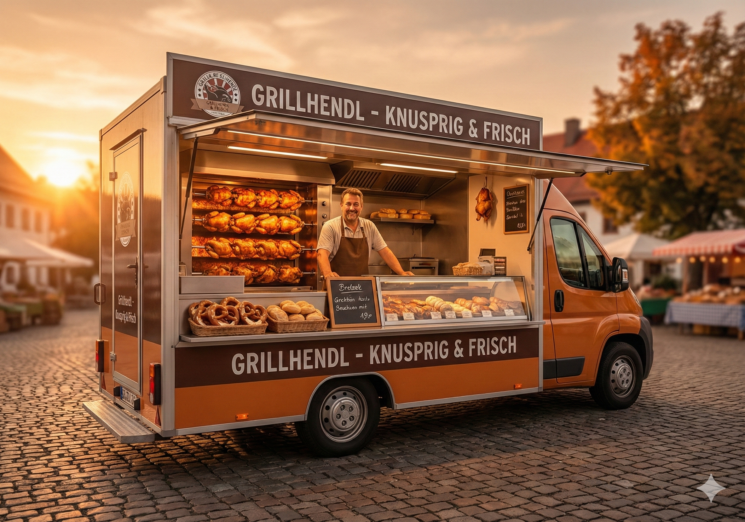 Grillhähnchen Wagen bei Sonnenuntergang